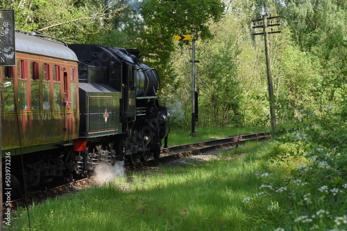 an Ivatt class 4 steam locomotive traveling through an English forest