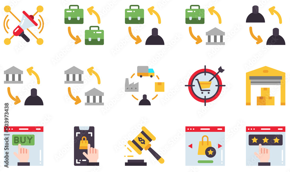 Set of Vector Icons Related to Ecommerce. Contains such Icons as SocialMarketing, B2b, B2c, Supply Chain, Warehouse, Quality and more. Set of Vector Icons Related to Ecommerce. Contains such Icons as SocialMarketing, B2b, B2c, Supply Chain, Warehouse, Quality and more.