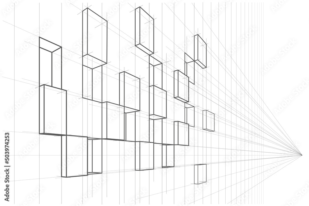 Linear architectural sketch abstract asymmetric cube facade in perspective on white background