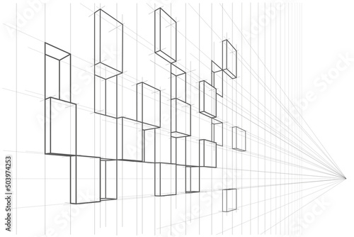 Linear architectural sketch abstract asymmetric cube facade in perspective on white background