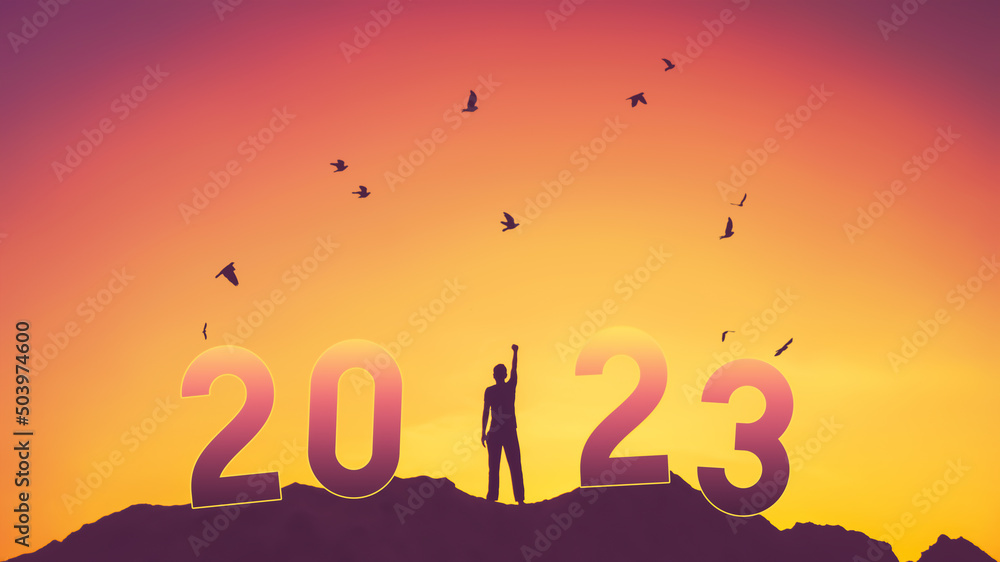 Man raise hand up on sunset sky with birds flying at top of mountain and number 2023 abstract background. Happy new year and holiday concept.