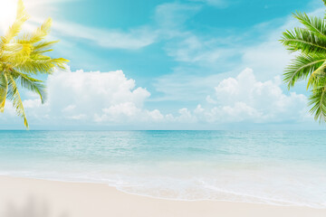 Palm tree on tropical beach with blue sky and white clouds abstract background. Copy space of summer vacation and business travel concept.