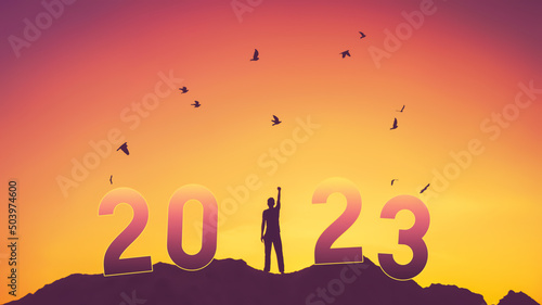 Man raise hand up on sunset sky with birds flying at top of mountain and number 2023 abstract background. Happy new year and holiday concept.