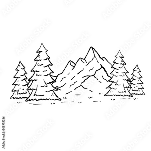 Mountain landscape in engraving style. Trees and forest. Natural scene. Winter season. Outline cartoon © Taras