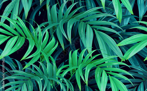 Seamless greeen hand drawn tropical vector pattern with palm leaves on dark background.