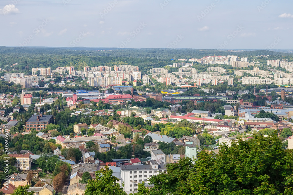 Panoramic view of Lviv from the mountain in the center. Residential part of the city with houses