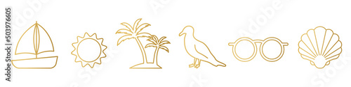 Fotobehang set of summer, vacation, marine icons: yacht, sun, palm tree, seagull, sunglasse
