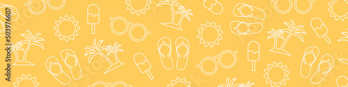 summer banner with vacation related icons: palm tree, sunglasses, flip flops, sun and ice cream - vector illustration