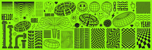 Rave psychedelic acid set with smile stickers. Trippy illustrations in trendy weird 90s style. photo