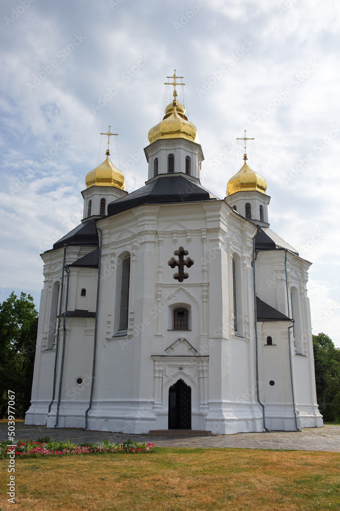Ancient Ukrainian Orthodox Church. Ukrainian baroque architecture. Catherine's Church is a functioning church in Chernihiv, Ukraine. Church is distinguished by its five gold domes
