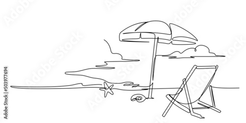 Sea beach one line drawing illustration. Line art summer beach outdoors vector. Contouring hand drawn.