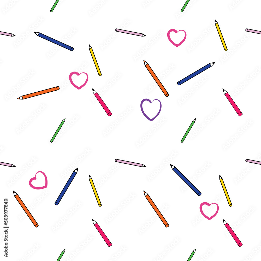 Seamless Design Vector.
Blue red yellow pink pencils and pink hearts on a white background.
Suitable for destroying fabrics textiles mugs notebooks toys and wallpapers.
With copy space. Seamless Design Vector.
Blue red yellow pink pencils and pink hearts on a white background.
Suitable for destroying fabrics textiles mugs notebooks toys and wallpapers.
With copy space.
