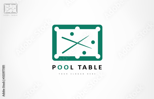 billiard table, cue and billiard balls logo vector