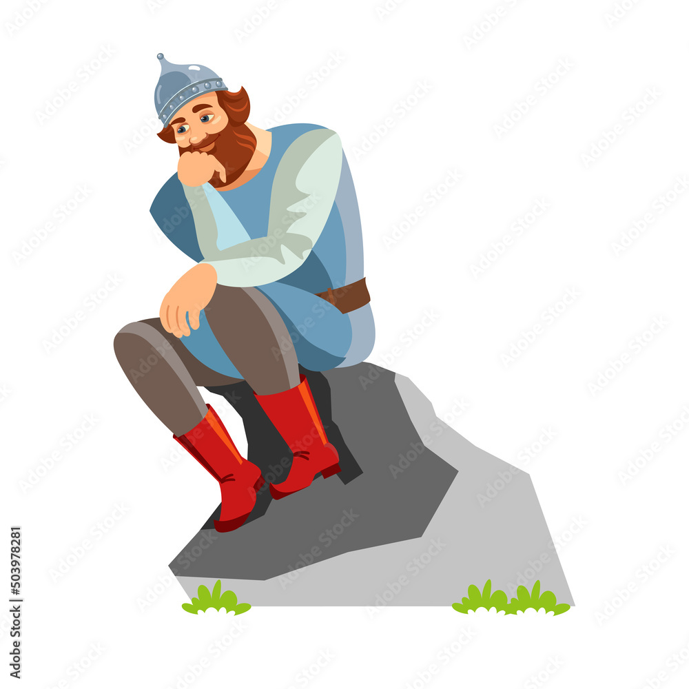 Russian hero in an old military uniform sits in the pose of a thinker. Helmet, chain mail, boots. Russian hero in an old military uniform sits in the pose of a thinker. Helmet, chain mail, boots.