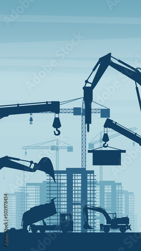 Mobile background of heavy machinery such as truck, wheel excavator, working on the construction of buildings in a city