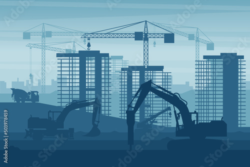 Background of heavy machinery such as hammer excavator, wheel excavator, concrete trucks, telescopic crane, working on the construction of buildings in a city