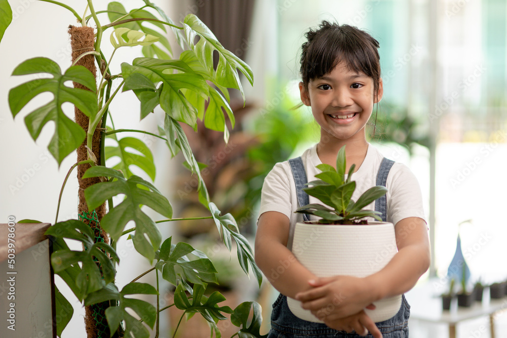 Potted plants at home held by a cute kid Potted plants at home held by a cute kid