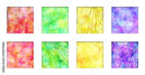 Multicolored set backgrounds with bokeh effect in square frames. Some frames with broken glass effect. Design element for use in social media content photo