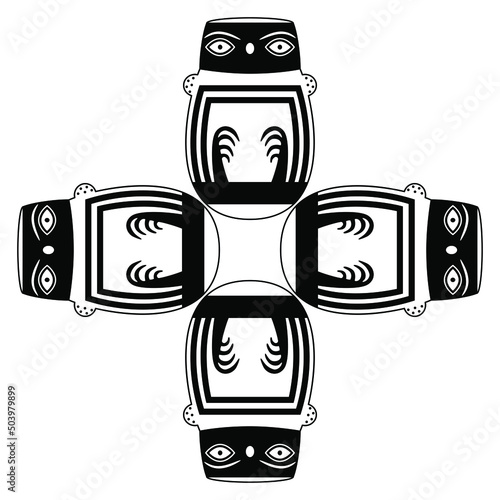 Square cross design with four stylized owls. Ancient Peruvian animal design. Native American art. Nazca pottery. Black and white silhouette.