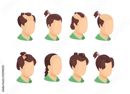 Japanese male classical hairstyle collection set. samurai head avatar cartoon illustration vector