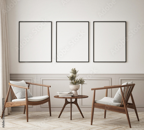 mock up poster frame in modern interior background  living room  Scandinavian style  3D render  3D illustration