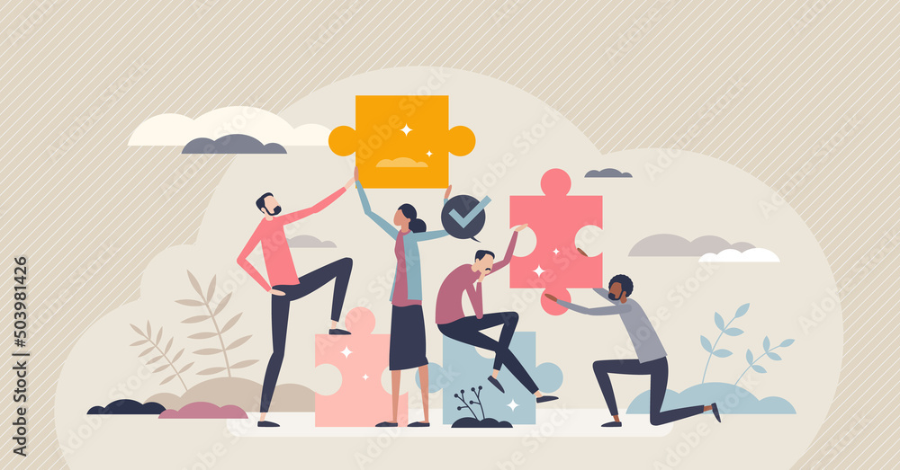 Partnership and teamwork work as collaboration process tiny person concept. Business employees group working together as unity for successful, productive and effective results vector illustration.