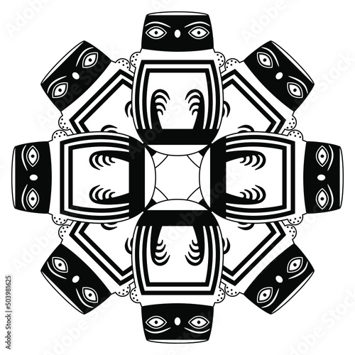 Round ethnic mandala with stylized owls. Ancient Peruvian animal design. Native American art. Nazca pottery. Black and white silhouette.