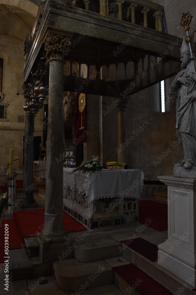 Croatia, Trogir, old city, heritage,
St. Lawrence's Cathedral, a Romanesque-Gothic structure from the beginning of the 13th century, with a bell tower, accessible to tourists.