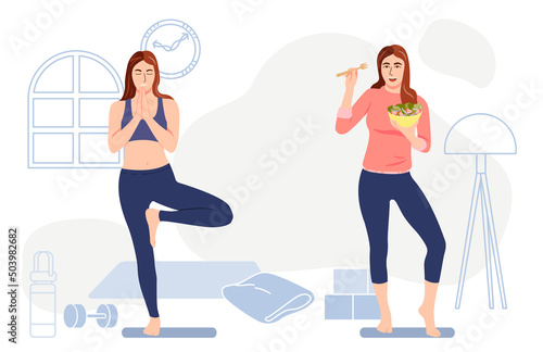 healthy woman Exercise by yoga and eat a salad, controls weight, Healthy lifestyle concept vector illustration.