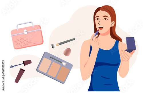 Make up artist applying, professional make up of beautiful young woman, Girl holding brush and powder. Vector flat cartoon illustration.