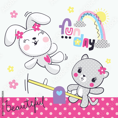 Cute rabbit and cat cartoon having fun on seesaw at the playground vector illustration.