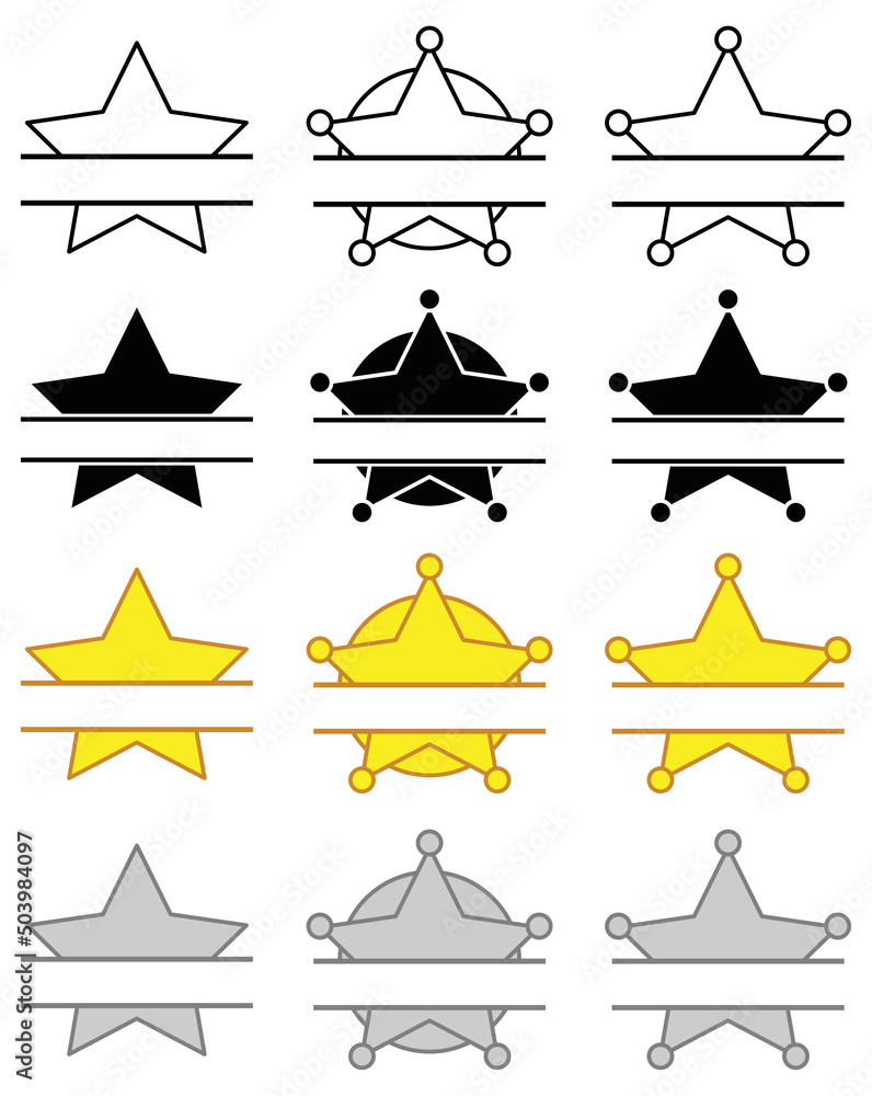 Sherriff Star Badge Label Template Clipart Set - Outline, Silhouette, Gold and Silver