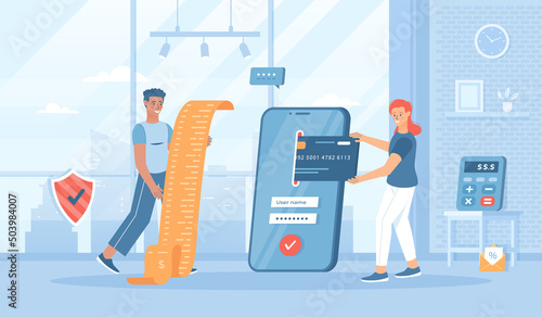 Online payment via mobile application. Bank account app. Pay bills and services online. Flat cartoon vector illustration with people characters for banner, website design or landing web page 
