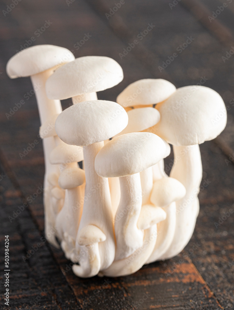 White Button Mushrooms on a Wooden Table White Button Mushrooms on a Wooden Table