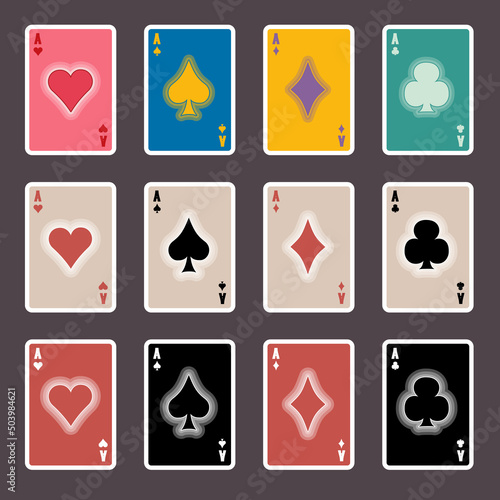 Poker Set of Aces retro vintage styles, old frames, watermarks and colored backgrounds