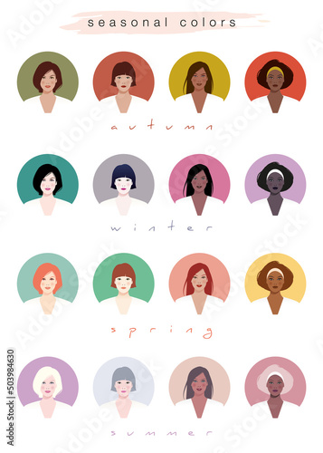 Seasonal colors or colorimetry for women of various races, isolated on white background