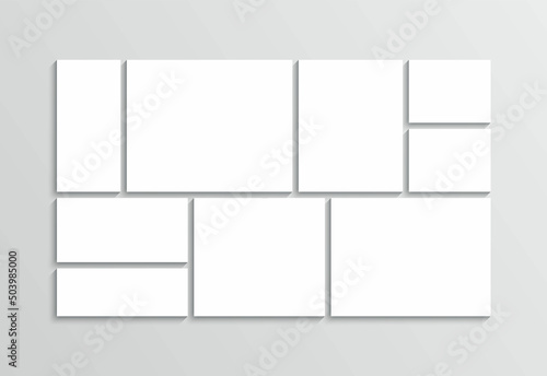 Mosaic picture template. Photo collage layout. Mood board background. Moodboard frame. Scrapbook grid. Gallery banner. Portfolio images mockup. Album brandboard. Retro photoframe. Vector illustration
