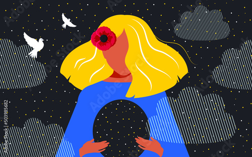 Mental health concept. Beautiful appearance of the girl, but emptiness in the soul. She is anxious and depressed. Birds of peace and hope fly over her. Black horizontal modern poster. Vector.
