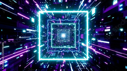 Cyber Network Concept Square Neon Light Tunnel 3D Rendering