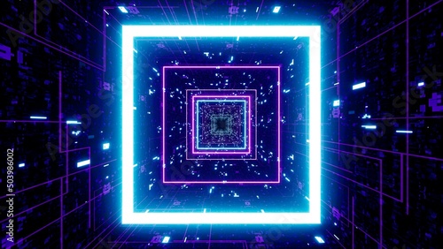 Shiny Neon Square Light in the Dark Purple Electrical Circuit Pattern Tunnel 3D Rendering