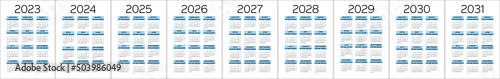 Calendar set from 2023 to 2031 year. Color vector pocket calender design 2024, 2025 and 2026. Week starts on Sunday. January, February, March
