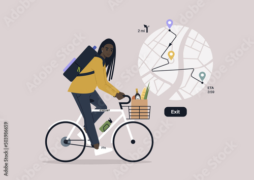 A young female African character riding a bike with a navigator, geo location technology, a route with stops