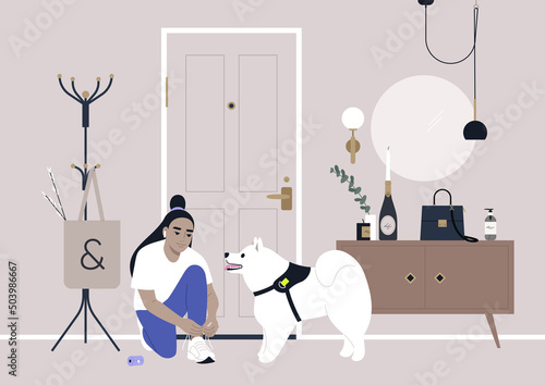 A decorated apartment entryway, a coat rack, and a mirror on the wall, a female Asian character getting ready for a walk with their samoyed puppy