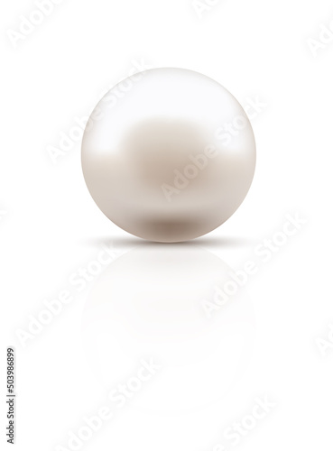 A Beautiful Pearl with a Reflection. Pearl Jewel of Round Shape. Isolated Elegant Ocean and River pearls with Shadow. White background. Realistic style. A Design element. Vector Illustration.