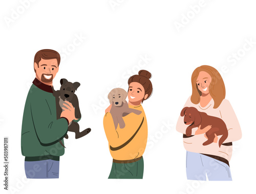 People hold cute dog puppies in their arms, a family with animals. happy people with animals. Flat vector graphics isolated on a white background