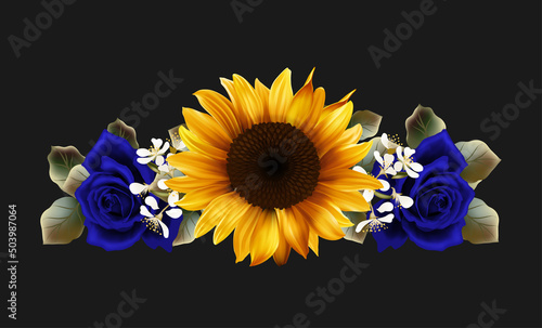 Beautiful floral decor with sunflower and blue roses.