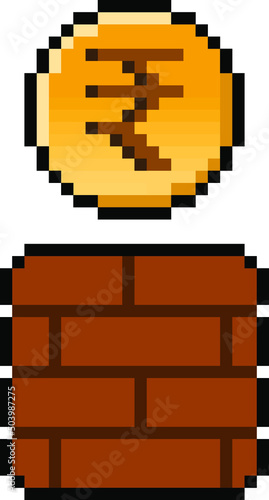 Pixel Rupee Coin from gaming block - isolated 8 bit vector