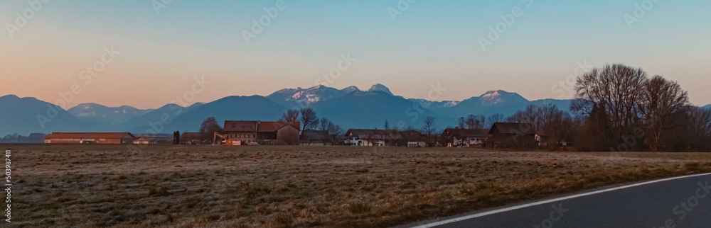 Beautiful sunrise with the famous Wendelstein summit in the background near Rosenheim, Bavaria, Germany