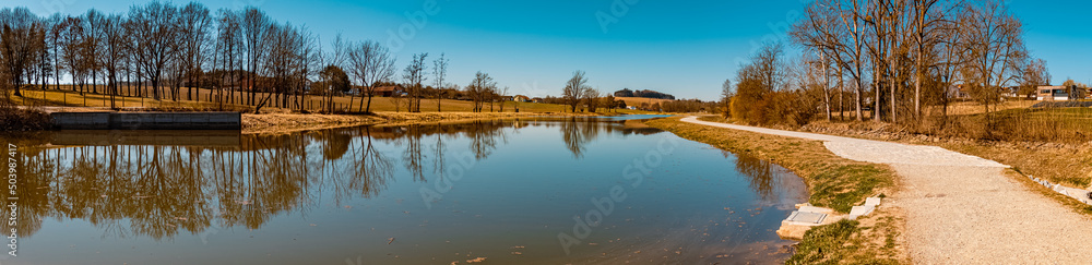High resolution panorama with reflections at the famous Unteriglbach reservoir, Ortenburg, Bavaria, Germany