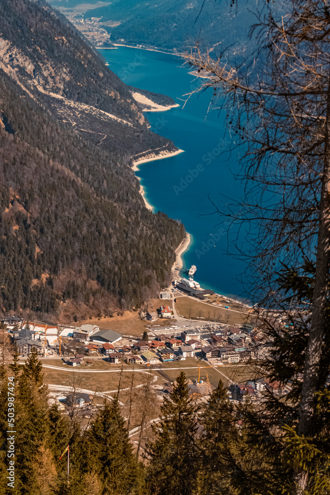 Beautiful winter view at the famous Zwoelferkopf summit, Achensee lake, Pertisau, Tyrol, Austria